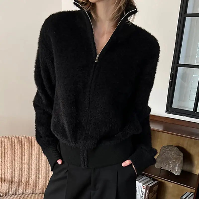 Sleek Faux Fur Zip-Up Sweater