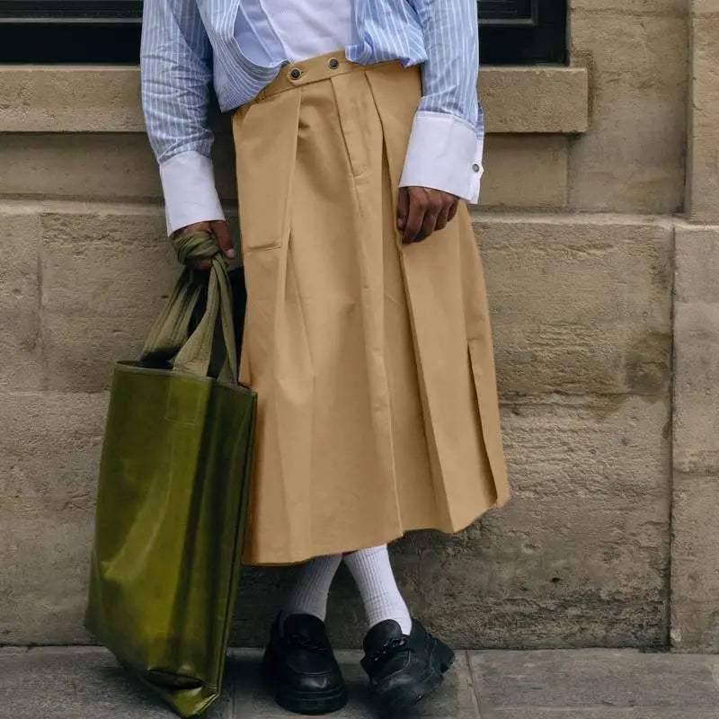 Pleated Khaki Maxi Skirt