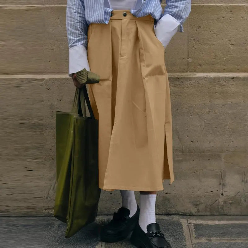 Pleated Khaki Maxi Skirt