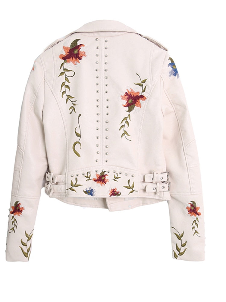 Floral Embroidery Faux Leather Jacket