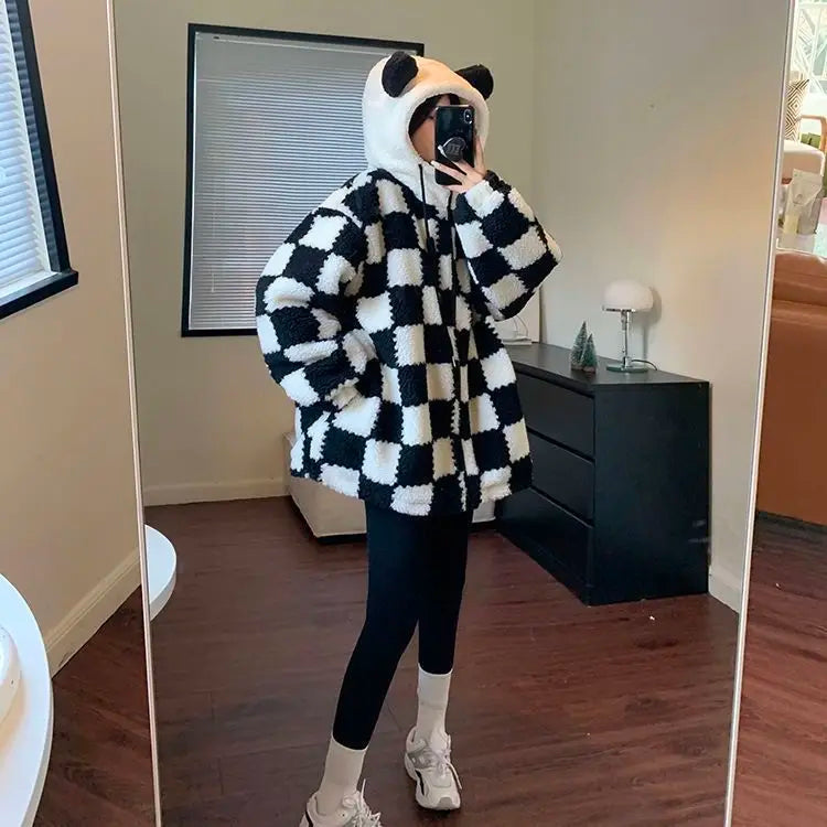Checkered Panda Zip-Up Hoodie