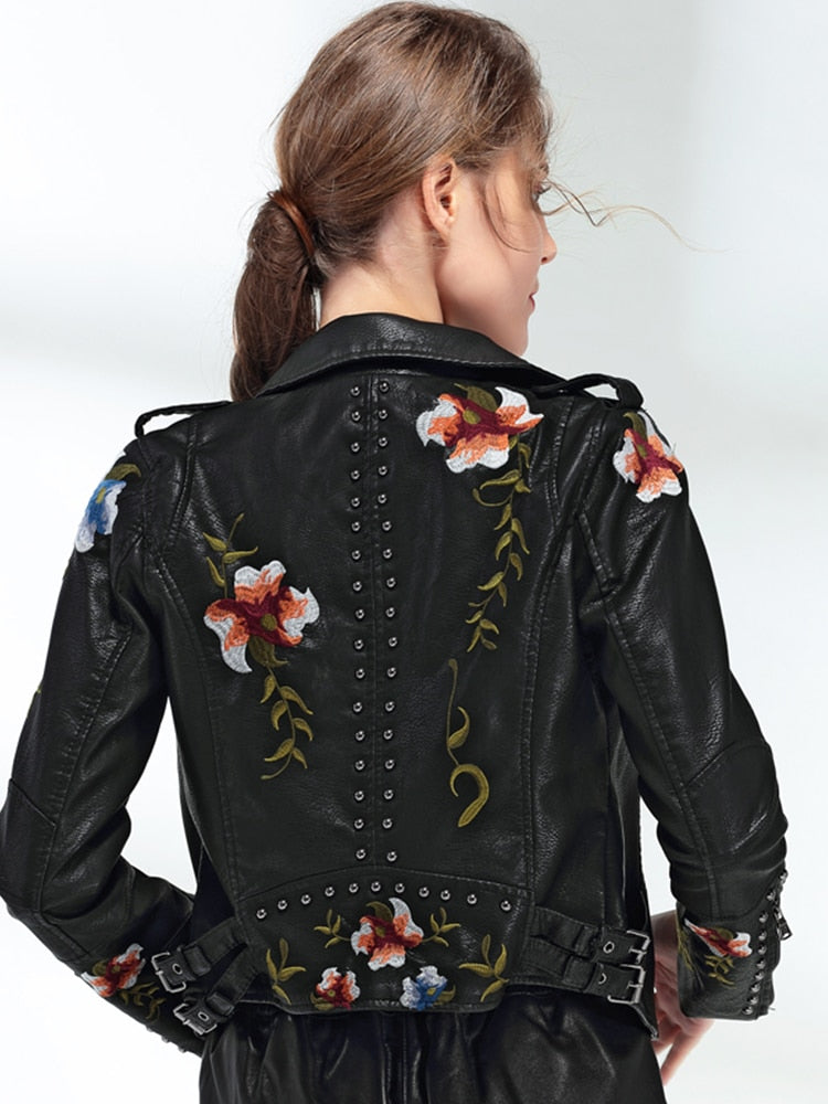 Floral Embroidery Faux Leather Jacket