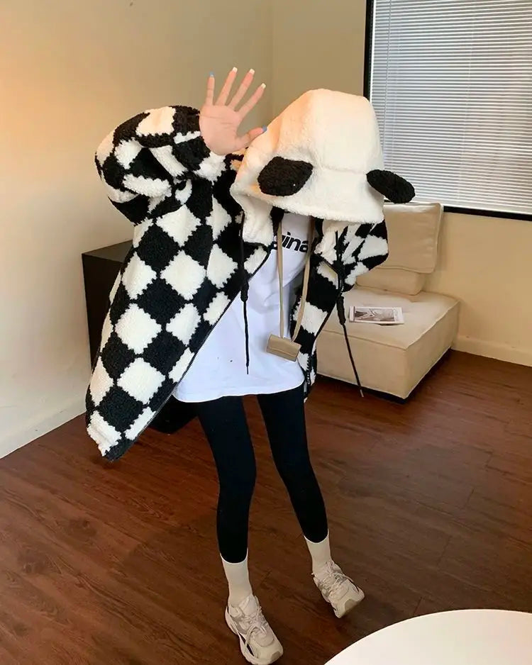 Checkered Panda Zip-Up Hoodie